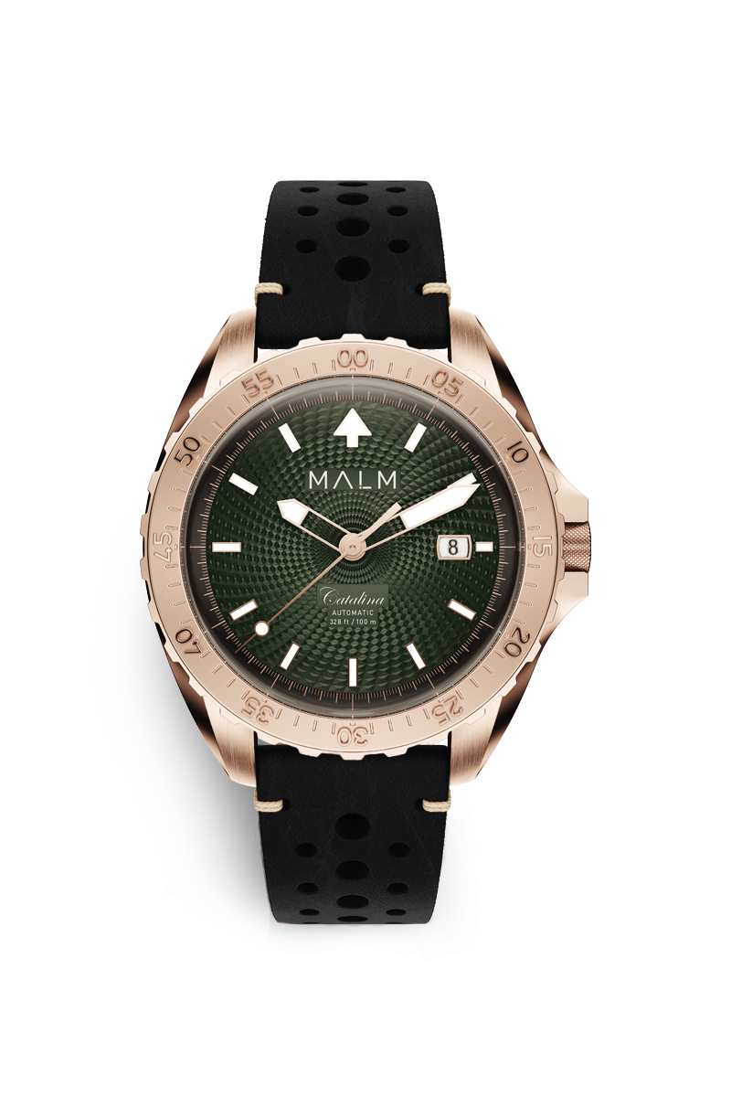 catalina bronze swiss automatic green watch and black leatherband