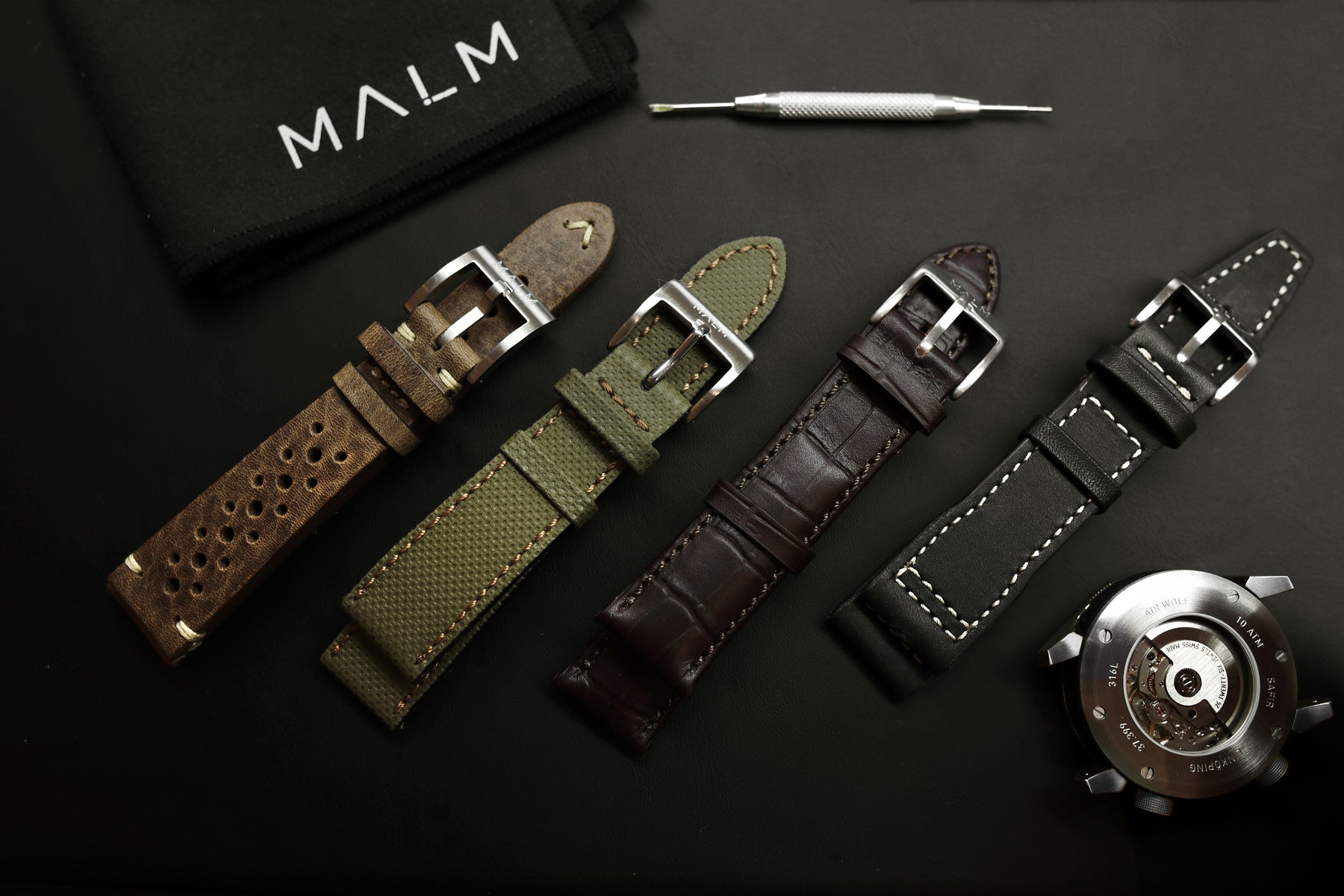 watch leather bands in brown, black and green